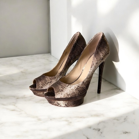 Brian Atwood Brown and Crème Snakeskin Peep-Toe Platform High Heels sz 11 - Picture 4 of 10